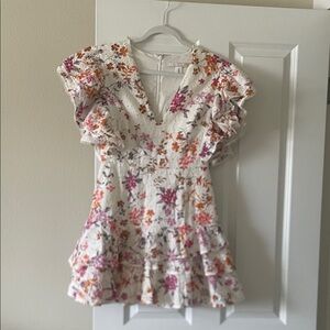 Floral Ruffle V-Neck Women’s Dress in White with Pink & Orange Flowers